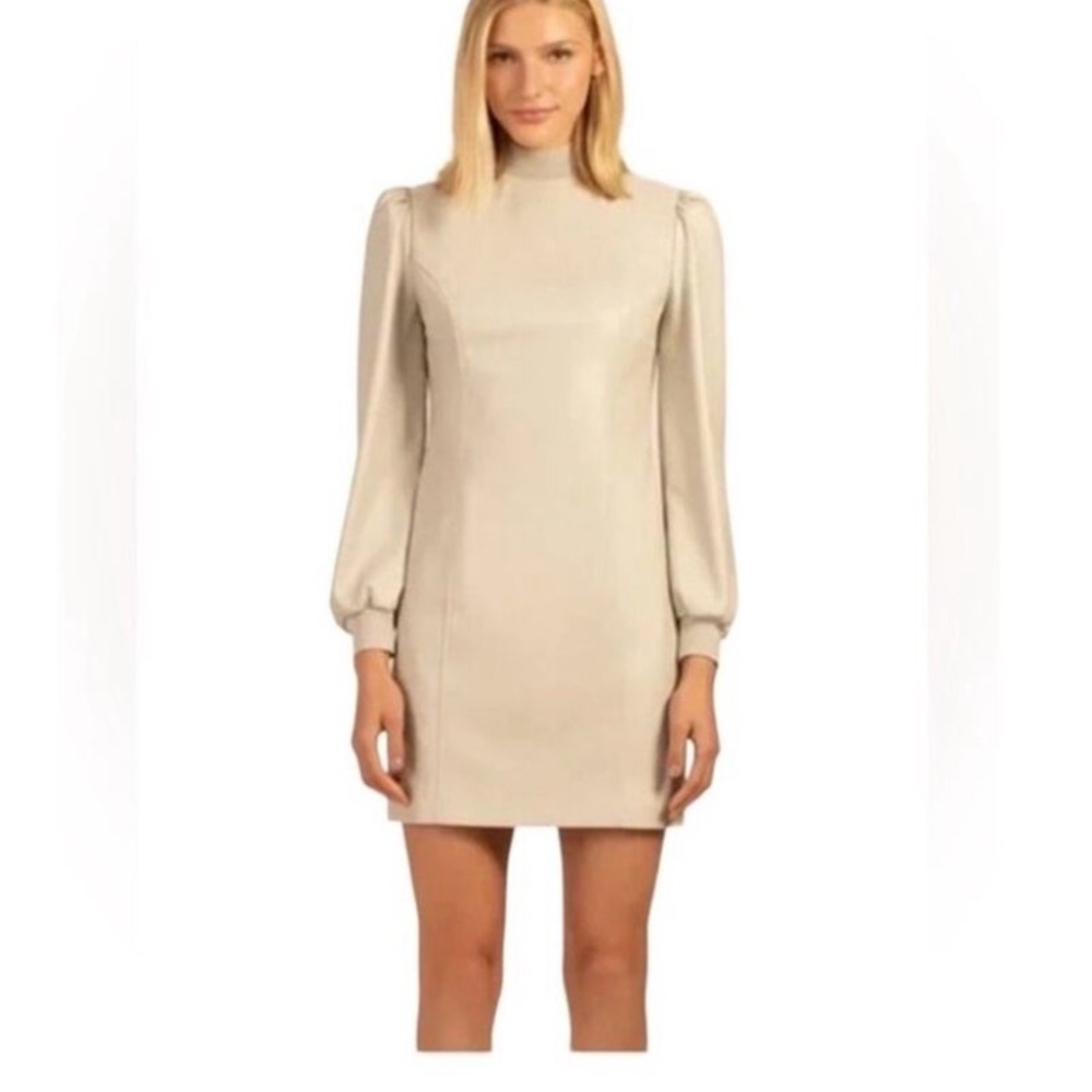 Trina Turk Wrigley Vegan Leather Shift Dress in Oyster - Long Sleeve 16